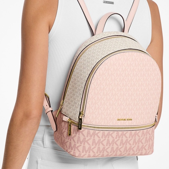 Michael Kors Rhea Medium Color-Block Signature Logo Backpack Powder Blush Multi - Picture 4 of 10